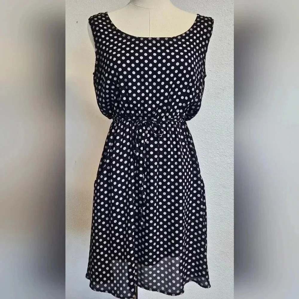 SM Wardrobe Womans Navy Blue Tan Polka Dot A-line Midi Career Party Dress Pocket